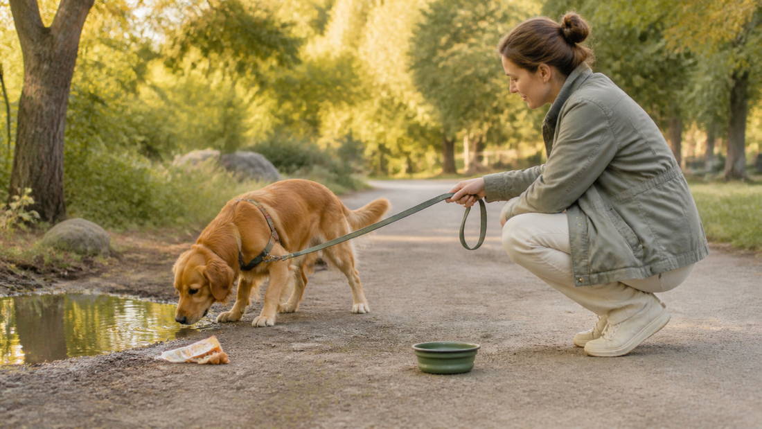 Owner calmly guiding a dog away from drinking a muddy puddle