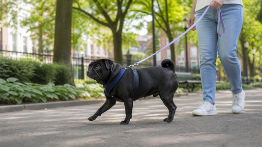Black Pug walking calmly in a navy harness on a shaded American neighborhood park path