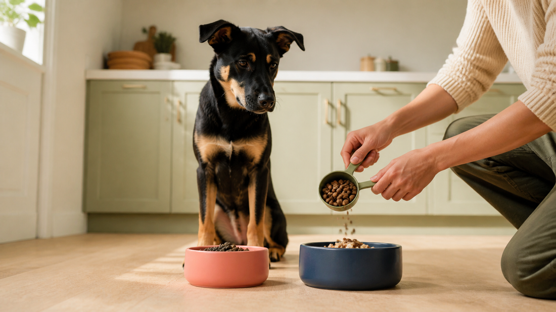 Owner measuring a gradual food transition for an adolescent dog