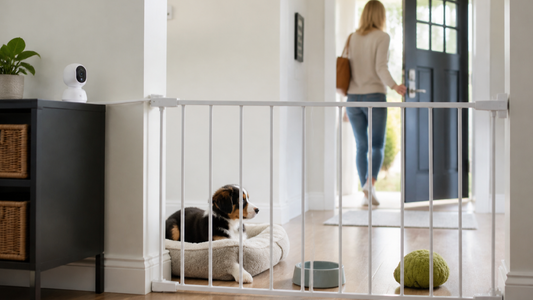 Relaxed puppy behind a baby gate while an owner monitors a short alone-time session