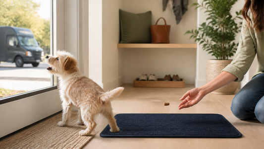 Owner redirecting a puppy barking at a delivery truck toward a calm mat