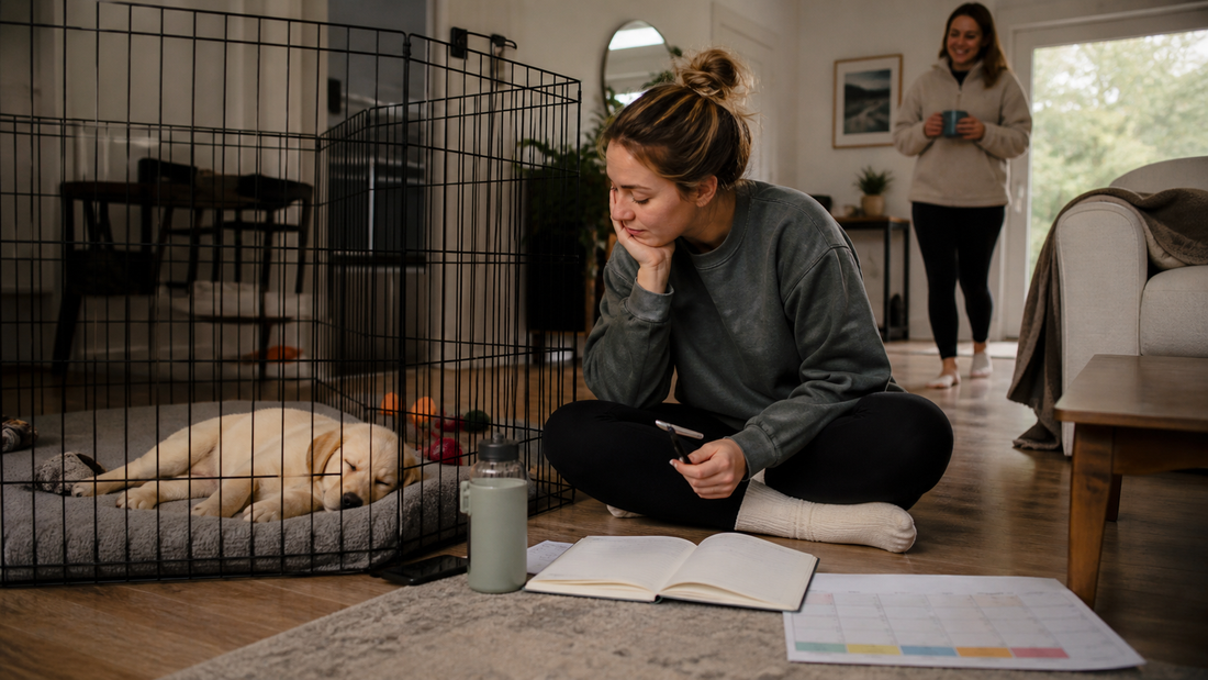Tired new puppy owner planning a routine beside a sleeping Labrador puppy