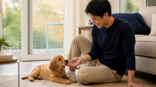 Puppy voluntarily resting near an owner during reward-based bonding