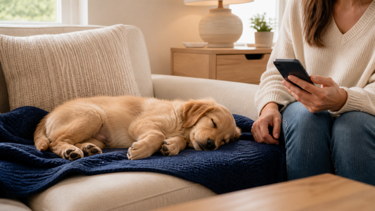 Owner quietly counting the breaths of a golden puppy sleeping comfortably on a navy blanket