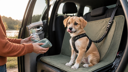 Puppy secured in a rear-seat car harness for a calm practice trip