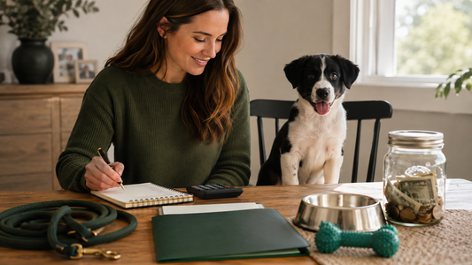 Owner planning a puppy budget with a notebook, calculator and emergency savings jar