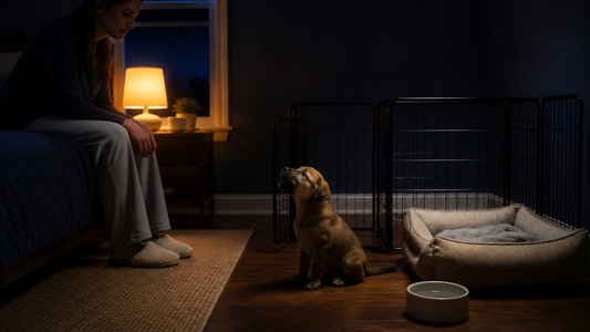 Owner calmly supporting a puppy beside a safe sleeping pen at night