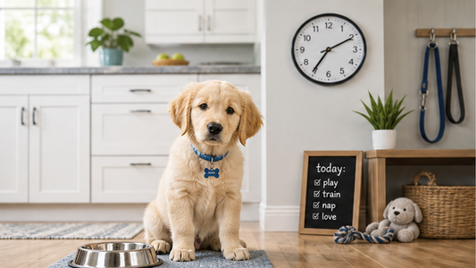 Puppy beside an original daily routine board for play, training, naps and care