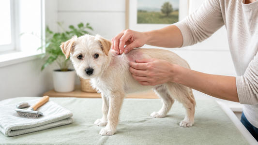 Owner gently checking a puppy's coat and skin for dryness or irritation