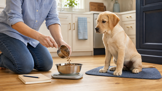 Puppy owner measuring complete growth food while recording weight and body condition