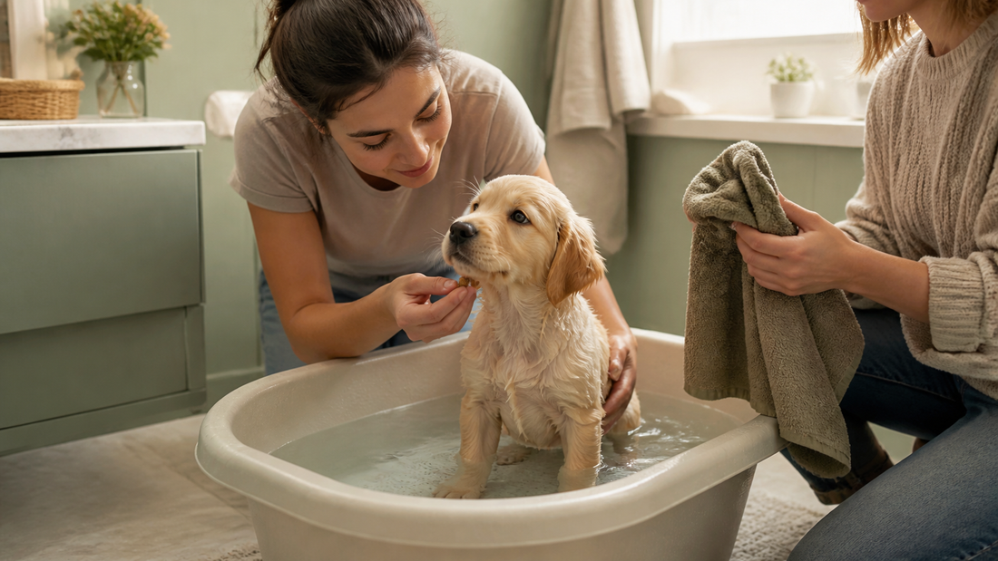 Calm puppy standing on a nonslip mat for a warm first bath at home