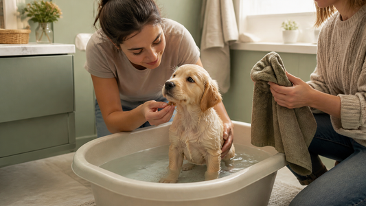 Calm puppy standing on a nonslip mat for a warm first bath at home