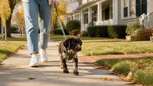 Brindle puppy exploring a quiet sidewalk on a loose leash