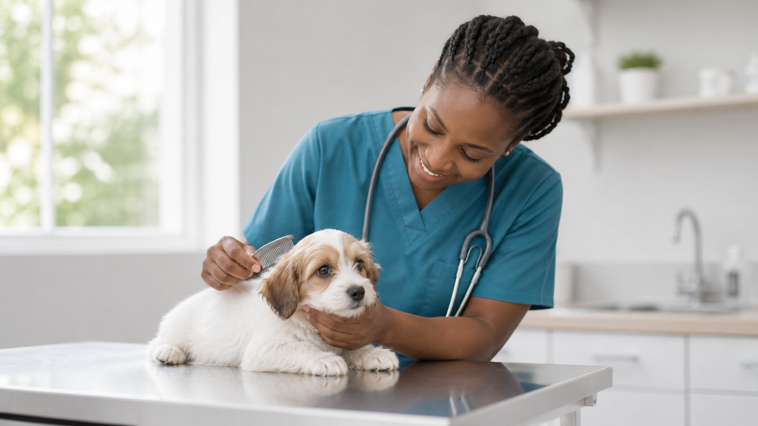 Veterinarian checking a puppy with a flea comb