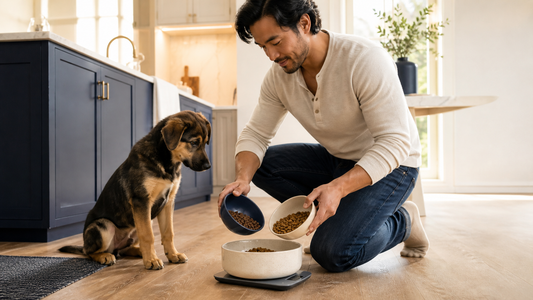 Owner measuring two foods while transitioning a puppy to a new diet