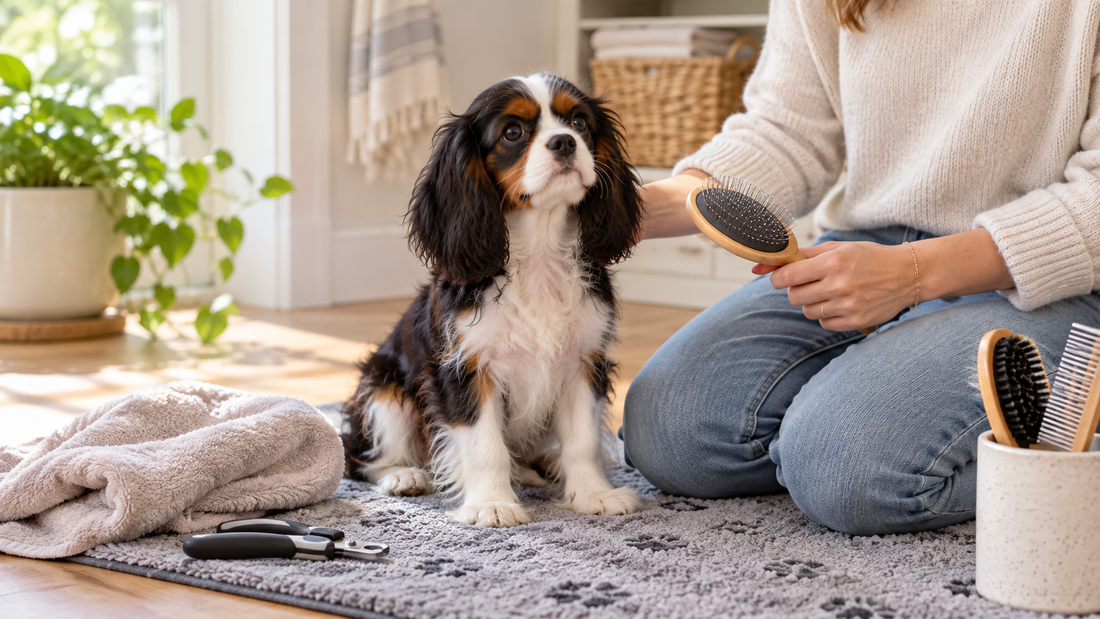 Cavalier King Charles spaniel puppy beside an owner with safe home grooming tools