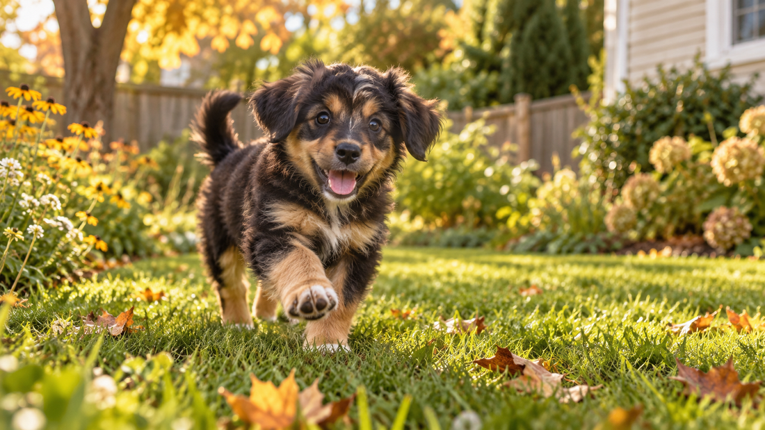 Healthy young puppy exploring a sunny fenced backyard in an American home