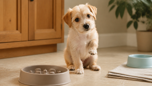 Puppy pausing beside an empty slow-feeder bowl after a meal