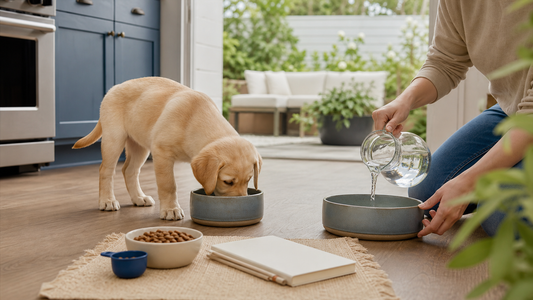 Young puppy drinking fresh water from a clean bowl after supervised play