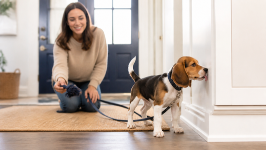 Owner redirecting a beagle puppy from licking a cabinet to a safe toy