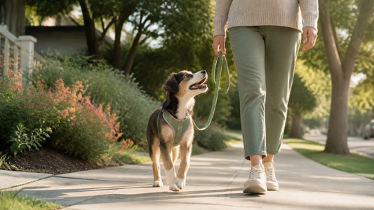 Young puppy walking beside an owner on a loose leash in a quiet American neighborhood