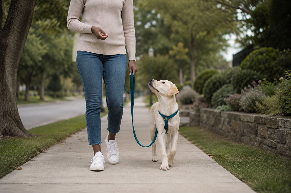 Cream Labrador puppy walking beside a trainer with a relaxed teal leash on a quiet sidewalk