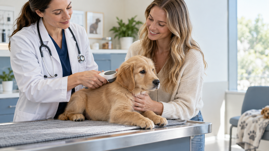 Veterinarian scanning a relaxed puppy for a microchip while the owner watches in a bright American clinic
