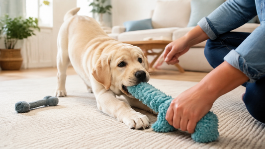 Yellow Labrador puppy being redirected from a sleeve to a soft teal tug toy