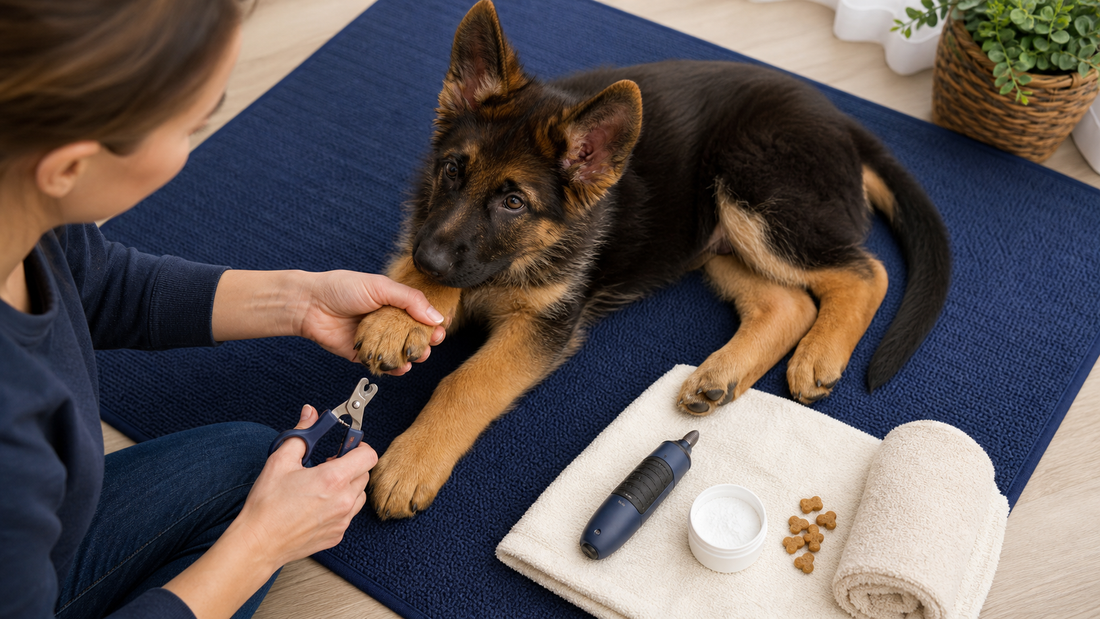 Puppy calmly offering a paw during a cooperative nail-trimming session