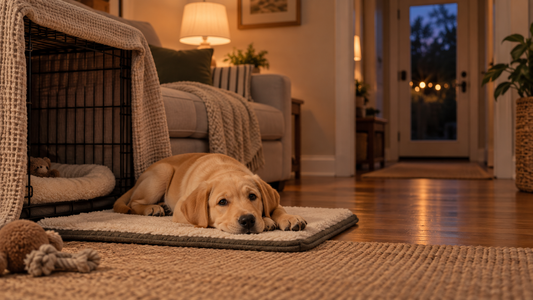 Yellow Labrador puppy settling beside a covered crate in a calm living room at dusk