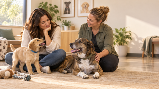 Prospective dog owner meeting a young puppy and an adult rescue dog in a calm American adoption setting