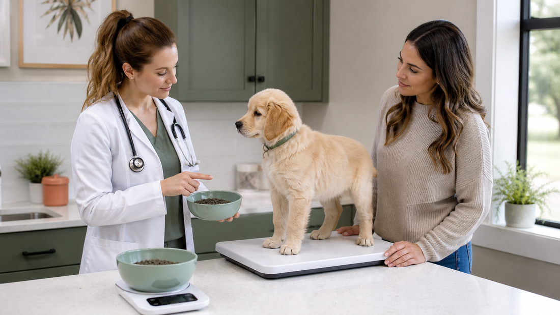 Veterinarian showing an owner how to check a puppy's body condition