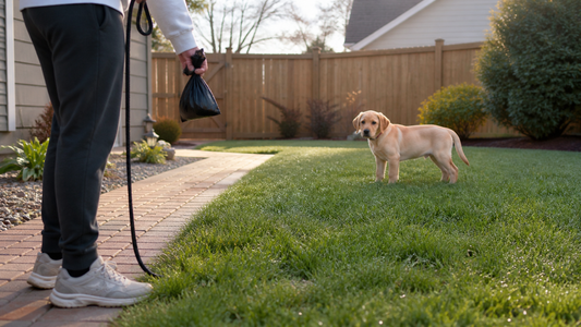 Owner monitoring and cleaning up after a puppy during a potty break in a fenced backyard