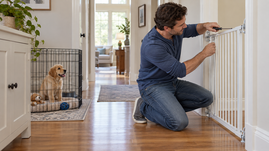 Owner installing a secure baby gate while a puppy waits on the safe side