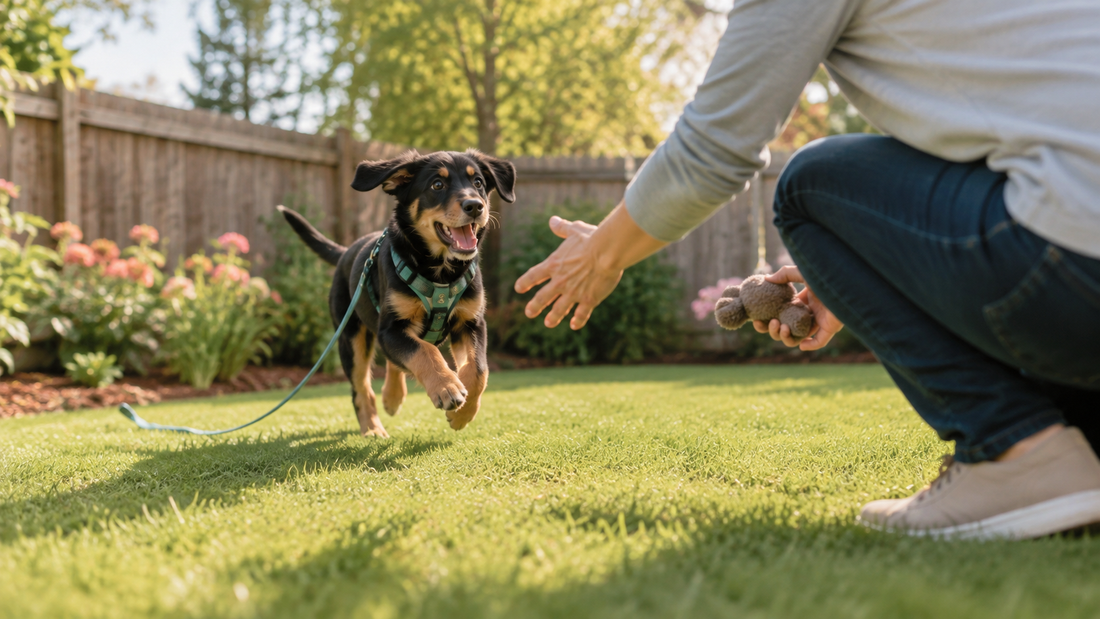 Black-and-tan puppy running toward an owner on a long line in a fenced yard