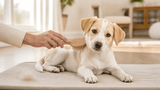Cream puppy being gently brushed beside a small tuft of loose coat