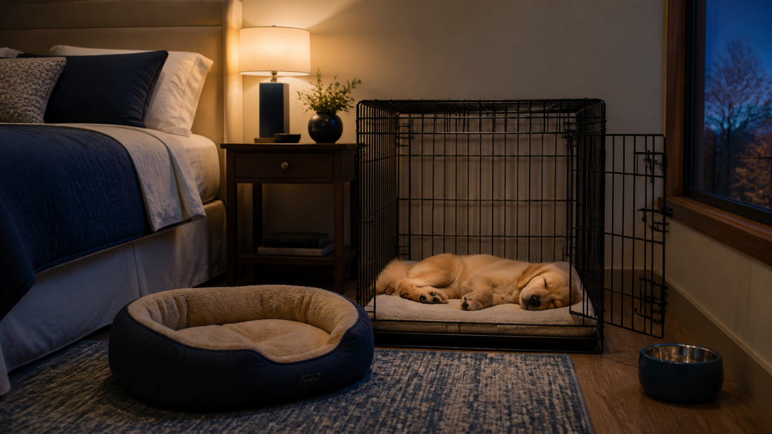 Young puppy sleeping safely in an open crate beside a soft bed in a calm room