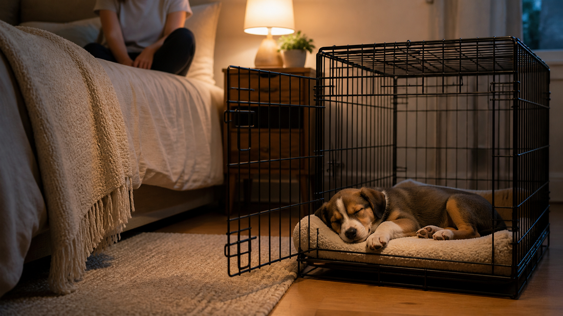 Sleeping puppy in a cozy crate beside the owner's bed during a calm nighttime routine