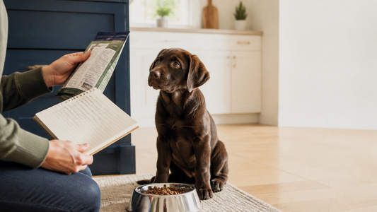 Owner reviewing a complete puppy food label beside a chocolate Labrador puppy
