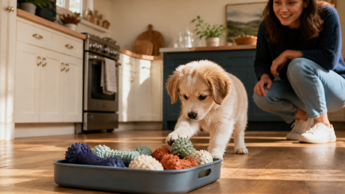 Supervised puppy choosing a textured rubber teething toy from a tray in a sunny kitchen