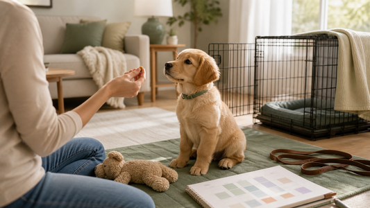 Young puppy practicing a calm sit with an owner using a treat pouch in a bright American home