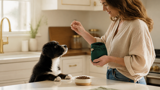 Puppy focusing on an owner using a tiny measured food reward