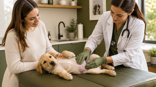 Veterinarian gently examining a small umbilical swelling on a relaxed Labrador puppy