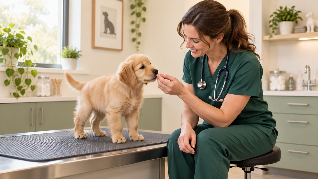 Veterinarian in green scrubs rewarding a golden retriever puppy during a calm clinic visit