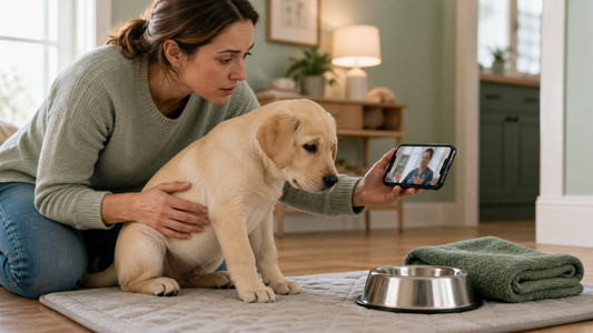 Concerned owner calling a veterinarian while an alert puppy rests beside water and a towel