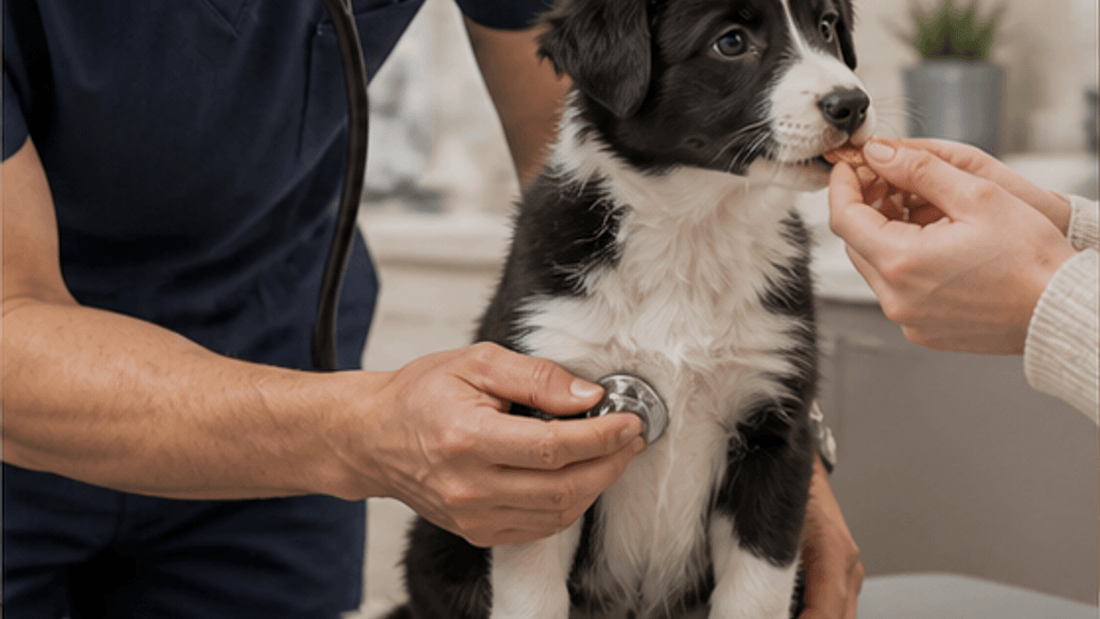 Veterinarian listening to a black and white puppy's chest during a low-stress wellness exam
