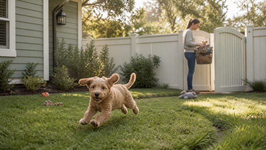 Happy puppy safely doing zoomies in a fenced yard while its owner clears the running path