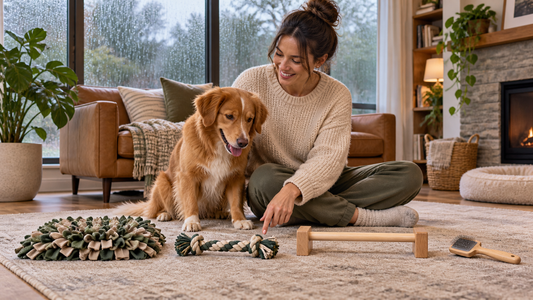 Dog and owner choosing indoor enrichment activities while rain falls outside an American home