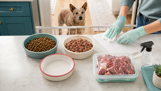 Raw meat kept separate from wet and dry dog food during safe kitchen preparation