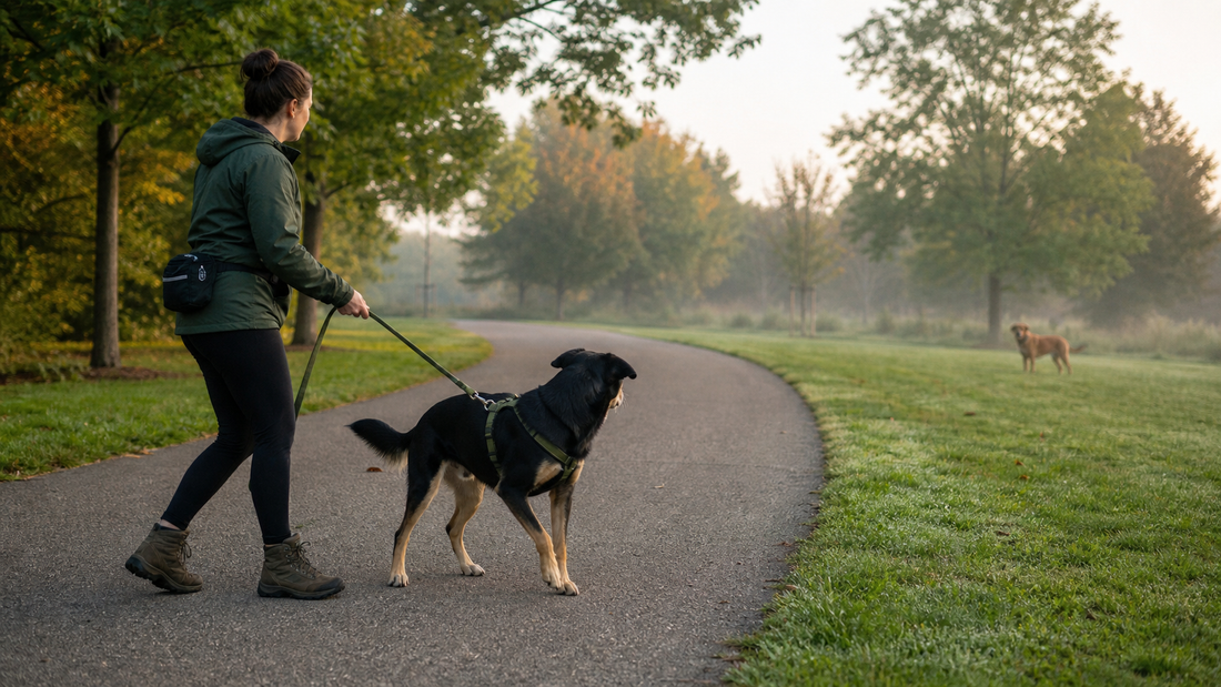 Owner guiding a black-and-tan dog away from a distant dog on a park path